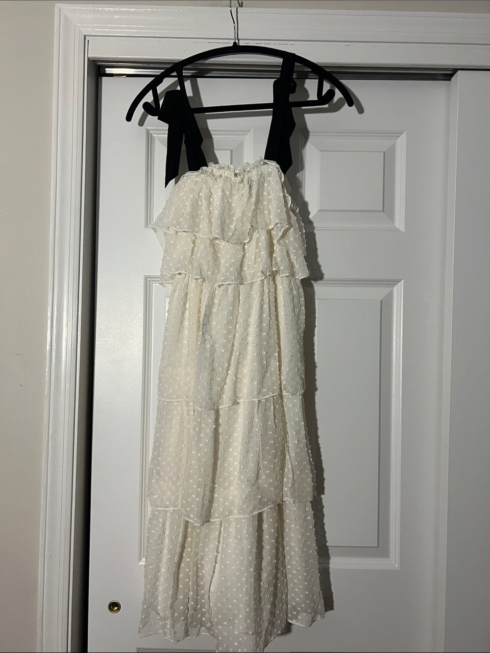 J. Crew Ivory Swiss-Dot Tiered Midi Dress with Black Shoulder Ties